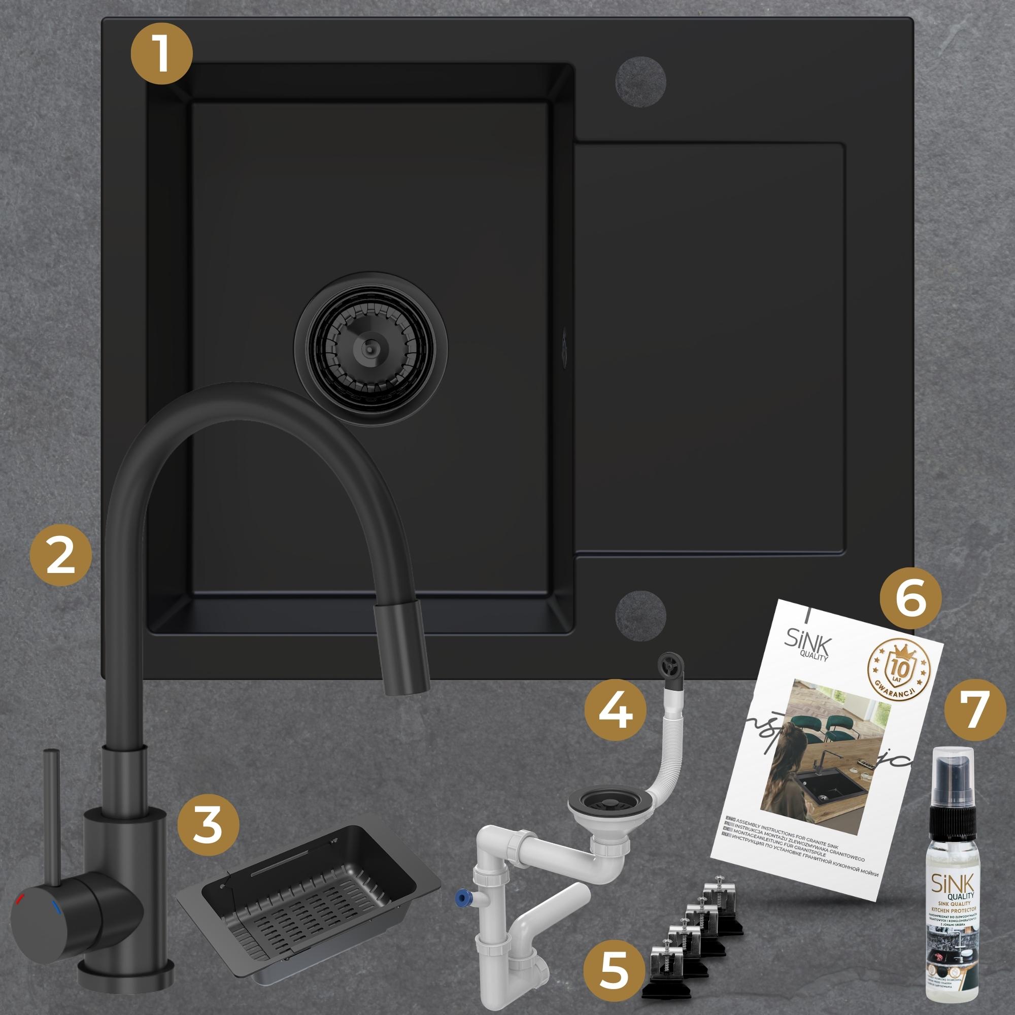 Zestaw gotowy do montażu - zlew, bateria, dozownik, mata, syfon, zaczepy, instrukcja, gwarancja, impregnat